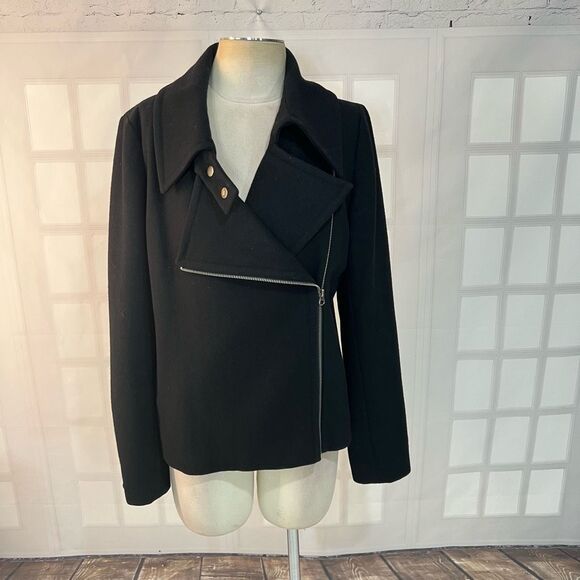 Calvin Klein Jackets & Blazers - Calvin Klein Black Asymmetric Zip Wool Blend Spread Collar Moto Jacket Size 12
